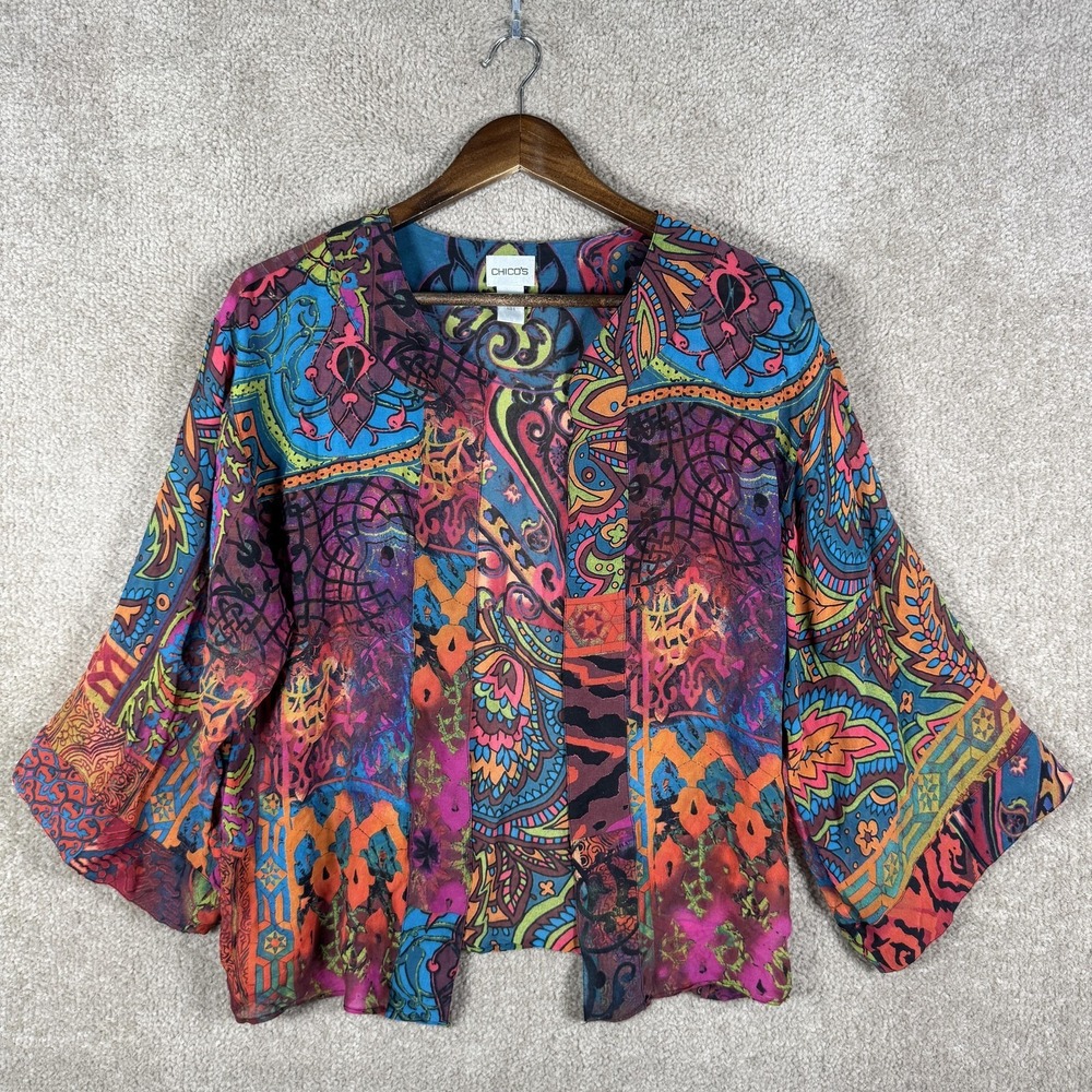 Chico's Kimono Top Womens 0 S Multicolor Paisley 100% Silk Sheer Button Blouse